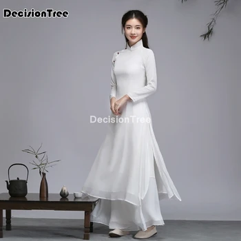 2021 čínske šaty cheongsam qipao strany orientálna dlhé šaty čisto biela bavlnená posteľná bielizeň ženy elegantné qipao župan retro vestido