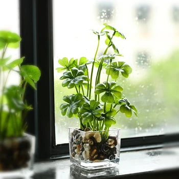 Erxiaobao Umelé Rastliny s Sklenený Hrniec Simulácia Bonsai Črepníkové Umiestnené Zelené Four-leaf Clover Home Table Windows Dekorácie