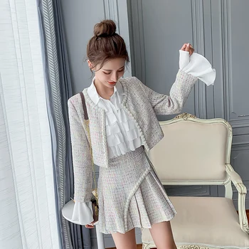 BLLOCUE 2019 Zimné Nové módne Ženy Tweed Krátka Srsť+ Skladaný Vysoký Pás, Sukňa+Tričko Vyhovovali Temperament Slim Tri-dielny Oblek
