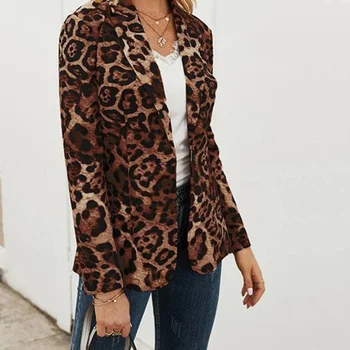 Jeseň Žien Leopard Tlač Bunda Žien Stredná Dĺžka Tenké Slim Coats Outwear Jediného Tlačidla Dlhý Rukáv Oblek Dámy