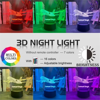 Vlastné 3d Lampa Lietadlo Hologram Dieťa Nočné Svetlo v Pohode Názov Prispôsobenie Nočného Pre Dieťa Spálňa Decor 3d Led Nočné Svetlo
