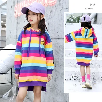 Dospievajúce dievča Mikina 2020 Jeseň Rainbow Prekladané Bežné mikina s Kapucňou pre Dievčatá Mikina Topy 4-14 Rok Deti Oblečenie Deti Obliekať
