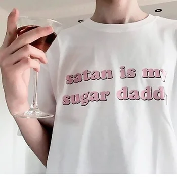 Kuakuayu HJN Satan Je Môj Cukor Otecko Tumblr Dievčatá Tričko Estetické Oblečenie Cukor Dieťa Topy Kawaii T Shirt Dievčatá Tričko