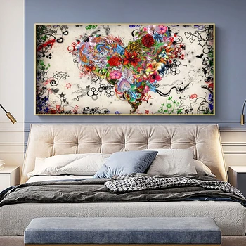 DDHH Wall Art Obraz Plátno Tlačiť Láska Maľovanie Abstraktné Farebné Srdce Kvety Plagáty Pre Obývacia Izba Domov Bez Rámu