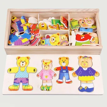 Malý Medveď Meniť Oblečenie Detí Raného Vzdelávania Drevená Skladačka Puzzle Obväzu Hra, Detské Drevené Puzzle Vzdelávacie Hračky