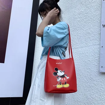 Disney jeseň nové divoké mäkké PU vedro taška dámske kabelky veľká-kapacita tlačené Mickey mouse taška cez rameno