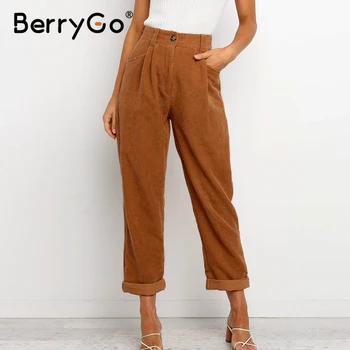 BerryGo Bežné kliešte ženy menčestrové nohavice Dna málo flexibilné žena jeseň ceruzkou nohavice Stredný pás dámske nohavice