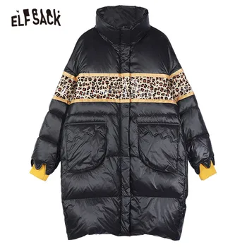 ELFSACK Leopard Patchwork Nadrozmerná Bežné Kapucňou 90% Biele Kačacie Nadol Kabát Ženy,2020 Zimné ELF kórejský Dámy Denne Teplé Outwear
