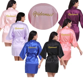 Veľkoobchod Bridesmaid, List Gold Glitter Ženy Pevné Satin Kimono Šaty Pre Svadobné Party Narodeniny Župany Sleepwear T3