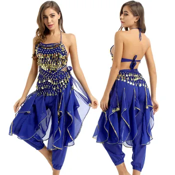 Ženy V Indii, Brušný Tanec Kostým Oblečenie Indický Tanec Výkon Oblečenie Plavky S Uväzovaním Za Krk Top S Hárem Nohavice A Hip Šatku Dancewear