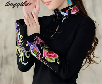 Čínsky vietor dámy 2019 jar veľké veľkosti výšivky národnej vietor výšivky T - shirt žena dlho puzdre tričko TB02