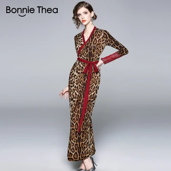 Bonnie Thea ženy sexy Leopard jeseň šaty Plášť elegantné maxi šaty boho bodycon party šaty formálne módne vestido 2018