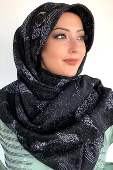 Yeni Moda Hidžáb Müslüman Başörtüsü Islami Kıyafet Türban Şapka Fular Gri Çiçekli Téma Čierna Tokalı Kemerli Hazır Şapka Şal