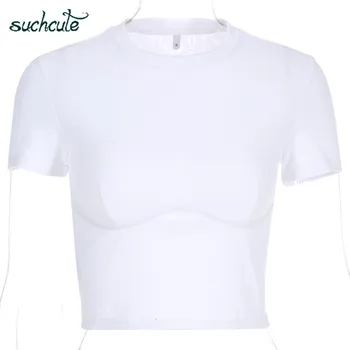 SUCHCUTE Žena T-Shirt Plodín Top Biele Tričko Popruh Poleras Mujer De Moda 2019 Lete Polera Blanca Hot Bežné kórejský Štýl Ženy