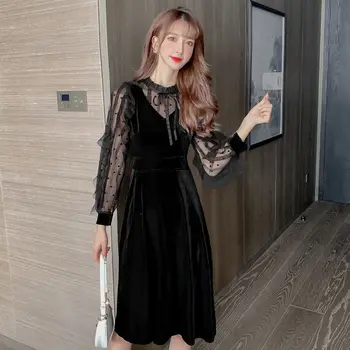 COIGARSAM francúzsky Štýl Volánikmi Ženy jednodielne šaty kórejský Nový Roztomilý Patchwork Čipky Luk Šaty Black 516