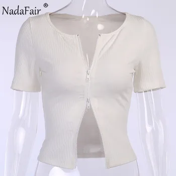 Nadafair Pletené Plodín Top Ženy Sexy Pevné Tričko Zip, Biele, Čierne Krátke Rukáv Streetwear 2020 Letné Topy