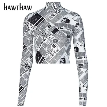Hawthaw Ženy Móda Jeseň List Vytlačený Dlhý Rukáv Slim T Shirt Tees Krátke Topy Jeseň Oblečenie Chudá 2020