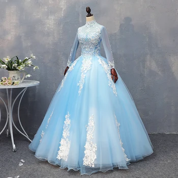 Chodiť Vedľa Vás Sky Blue Quinceanera Šaty 2020 Plesové Šaty, Celý Rukáv Vysoká Krku Biele Čipky Nášivka Korálkové Maturitné Šaty