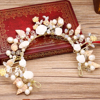 Podpora Romantické Prímorské Módne Shell Umelé Kvety Luxusné Svadobné Svadobné Korún Čelenky Tiara Drahokamu Vlasy Kapely