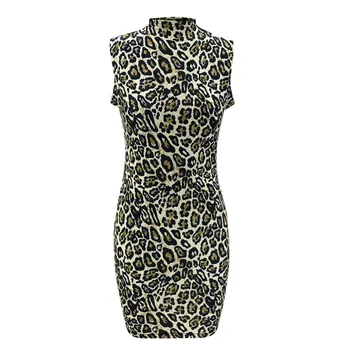 Móda Nové Turtleneck Plášť Šaty dámske bez Rukávov Leopard Tlač Sexy Bežné Mini Šaty Vestidos Verano Mujer 2020 @35