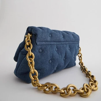 Retro Blue Denim Prešívaný Ženy Ramenný Messenger Crossbody Tašky Luxusné Dizajnér Hrubé Zlaté Reťaze Kabelky Lady Peňaženky Žena