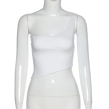 BOOFEENAA Sexy Strappy Backless Jedného Pleca Slim Tank Top Ženy Oblečenie 2020 Lete Clubwear Čierna Biela Plodín Topy C83-H70