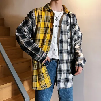 Muži Nadrozmerné Bavlna Kockované Košele 2020 Muž Hip Hop Patchwork Tlačidlo Nahor Dlhý Rukáv Tričko Pár Kórejských Harajuku Oblečenie