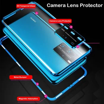 Magnetické Sklo Kovové puzdro Na Huawei Honor 30 30-tych rokov P30 P40 Objektív Fotoaparátu Chrániť Dvojité Sklo Kryt Na Huawei Mate 30 20 Pro