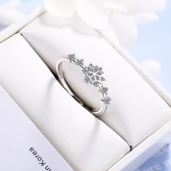 Nové 925 Sterling Silver Kvet Krúžok Pre Ženy Strany Lesklý Crystal Cz Snowflake Otvorenie Krúžku Jemné Šperky Vianočný Darček