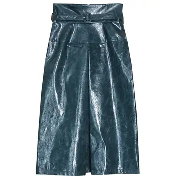 Patent pu kožené lesklý sukne ženy jeseň zima vysoký pás slim kolená dĺžka-line sukne