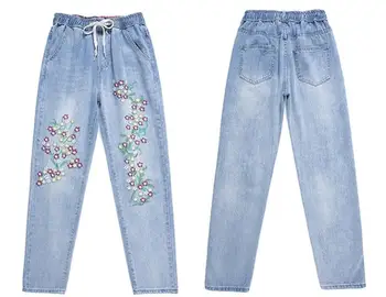 2020 nové výšivky džínsy dámske elastické vysoký pás voľné retro Harlan vyšívané nohavice nohavice
