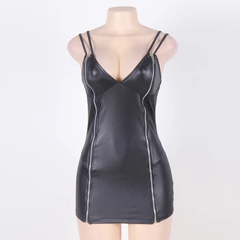 Black zipsy faux kožené šaty, nočný klub nosiť sexy podväzkové šaty letné tvaru prekladané mini plus veľkosť ženy oblečenie RW7858
