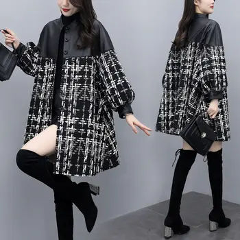 Zimné 2020 nové žien voľné Pu patchwork tweed kockovaný kabát stredná dĺžka vlnené kabát