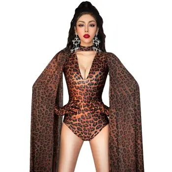 Leopardí Vzor Kombinézu Rukavice Top Fashion Sexy V Krku Narodeninovej Party Bodycon Oblečenie Žien Spevák Zobraziť Výkon Kostým