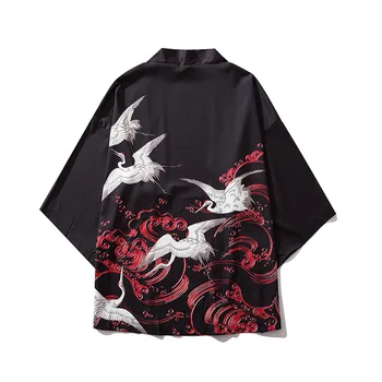 LOVZON opaľovací Krém Japonský Streetwear Kimono Bunda Cardigan Kabát Mužov Black/White Voľné Windbreaker Tenké Hip Hop Bunda Muž