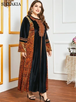Siskakia Velvet Maxi Šaty pre Ženy, Zimné 2020 Indie Ľudovej Výšivky Leopard Patchwork Turecko arabské Moslimské Oblečenie Plus Veľkosť
