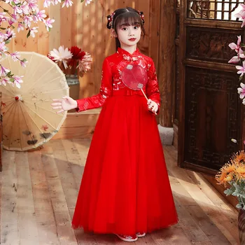 Krásne Čínske Dievča Výšivky Cheongsam Princezná Šaty plesové Šaty Flower Girl Dlhé Šaty Deti Nový Rok darček Strany Večerné Šaty