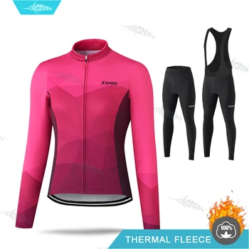 Ženy Cyklistické Oblečenie Long Sleeve Jersey Nastaviť Thermal Fleece Cyklistické Oblečenie Ropa Ciclismo Invierno Mujer Pro Team MTB Jednotné