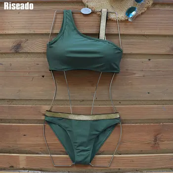 Riseado Jedného Pleca Sexy Bikiny Lesklé Plavky Armády Zelené Plavky Ženy Push Up Biquini 2021 Popruh Plavky Plážové Oblečenie