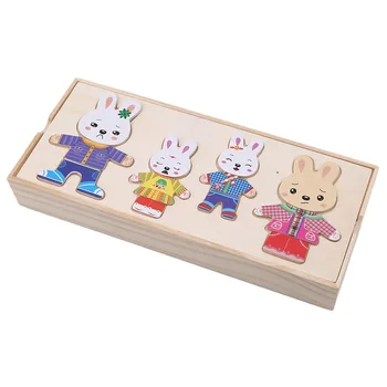 Drevená Hračka Králik Meniť Oblečenie Hádanky Montessori Vzdelávacích Šaty Zmena Skladačka Puzzle, hračky pre Deti darček