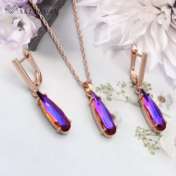 S&Z DESIGN kórejský Módne Kvapka Vody Crystal Šperky Set Rose Gold Visieť Náušnice Prívesok Náhrdelník Pre Ženy, Luxusné Šperky