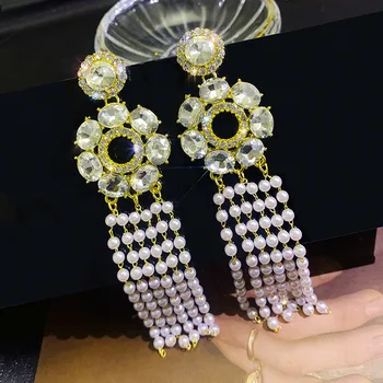 Veľké Crystal Pearl Strapec Dlhé Náušnice Kvapka Ženy Vyhlásenie Módne Šperky Earings