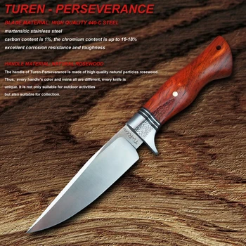 TUREN-440C Pevný Nôž Drevenou Rukoväťou, Rastlinných Usní Plášť 59HRC Ručné Outdoor Nástroj Prežitia Lov Rovný Nôž