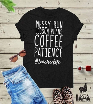 Chaotický Buchta Plány Lekcií Kávy Trpezlivosť Teacherlife Tričko Výroky Písmená Tlačené Ženy O-Krku Bežné Funny T-Shirt tees - K246