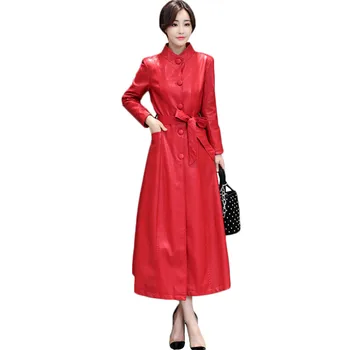 Kožená Bunda Ženy Červená L-4XL Plus Veľkosť Dlho Faux Kožený Kabát 2019 Nové Jeseň Zima kórejský Móde Single-breasted Kabát JD340
