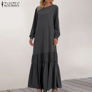 ZANZEA Maxi Dlhé Šaty pre Ženy 2021 Dámy Prehrabať Vestidos Bežné Lístkového Rukáv Župan Femme Nadrozmerné 5XL Jeseň Pevné Sundress