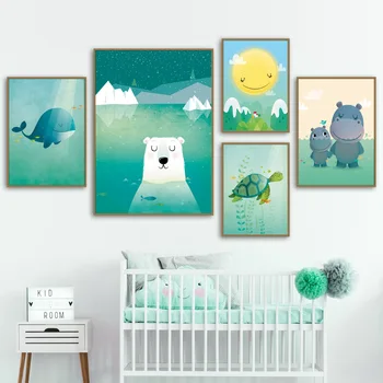 Medveď-Om Hippo Veľryba Slnko Škôlky Wall Art Plátno Na Maľovanie Cartoon Nordic Plagáty A Vytlačí Na Stenu Obrázky Dievča, Chlapec, Detská Izba Decor