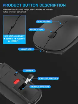 2.4 G Slim bezdrôtová myš Silent mouse Nabíjateľná 1600 DPI Optické Prenosná Myš s USB prijímač pre PC, notebook Mackbook
