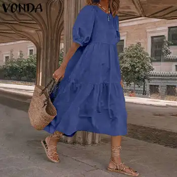 VONDA 2021 Ženy Šaty Príležitostné Voľné Krátky Rukáv Pevné Dlhé Šaty Letné Polovici Teľa Džínsové Šaty Plus Veľkosť Vestidos 5XL Sundress