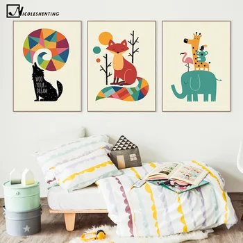 Nordic Umenie Cartoon Zvierat Plagát, Žirafa, Slon, Tiger Minimalistický Plátno Na Maľovanie Škôlky Obrázok Deti Miestnosti Dekorácie 340